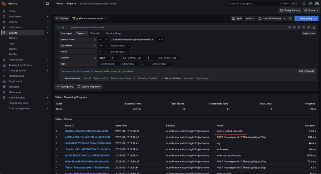 Grafana dashboard shows the span named `Span created manually`