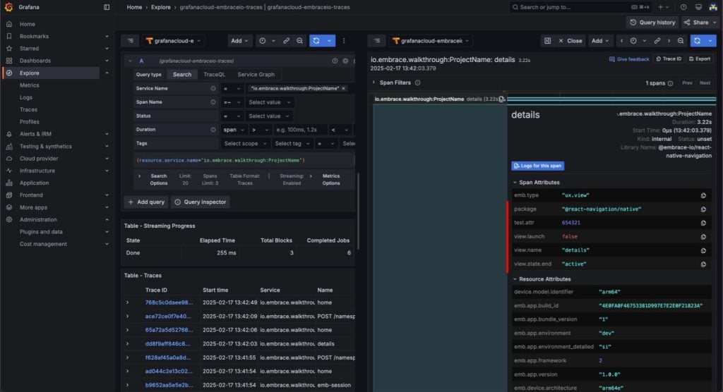 Screenshot includes the attributes you configured earlier through the screenAttributes property of the EmbraceNavigationTracker component