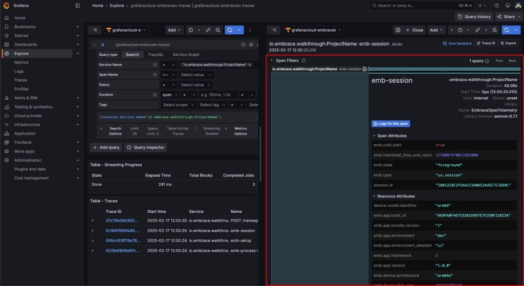 Screenshot displays the `emb-session` trace, which contains a lot of interesting information about a session.