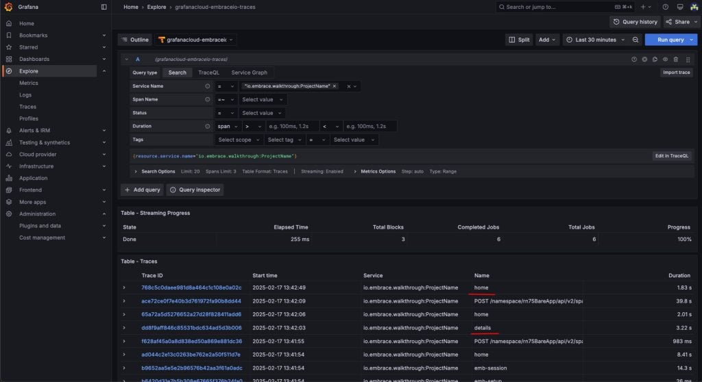 Screenshot shows `home` and `details` spans created by the Embrace package.