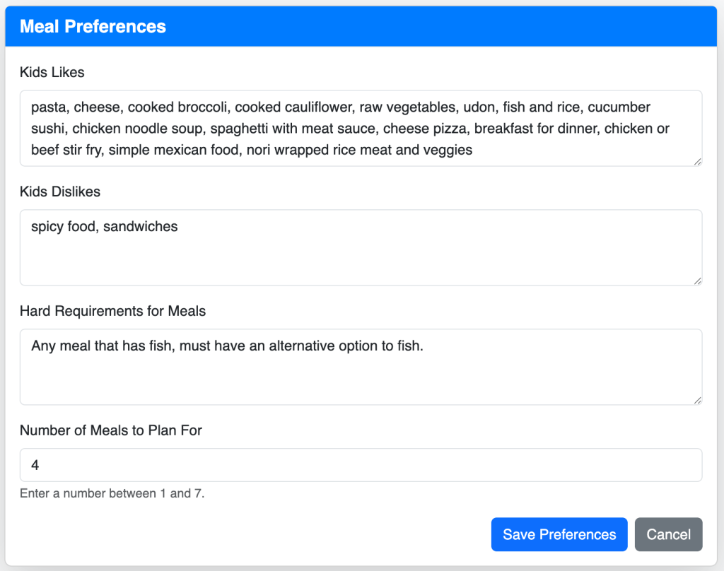 An example set of meal preferences